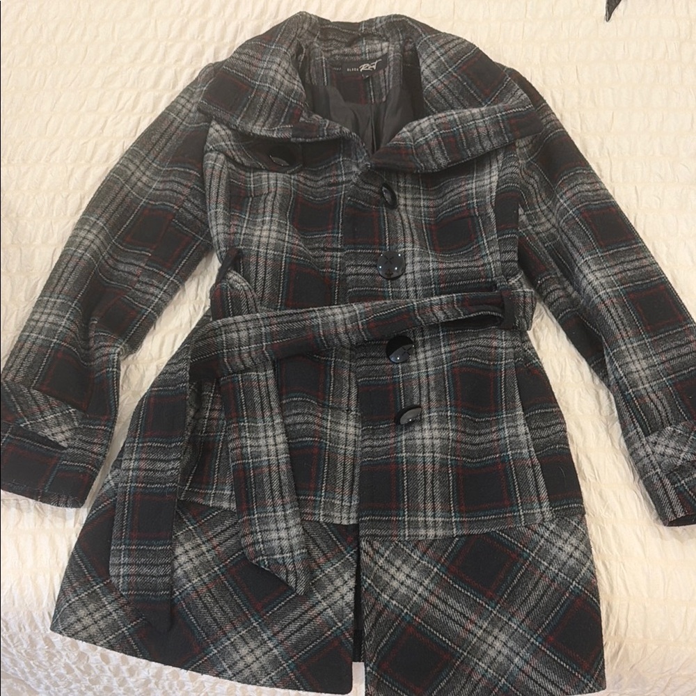 Plaid Belted Wool-Blend Coat - Black/Grey